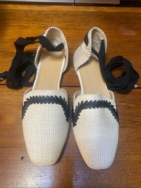 Castaner Natural Espadrille Flats with Black Embroidered Trim 40